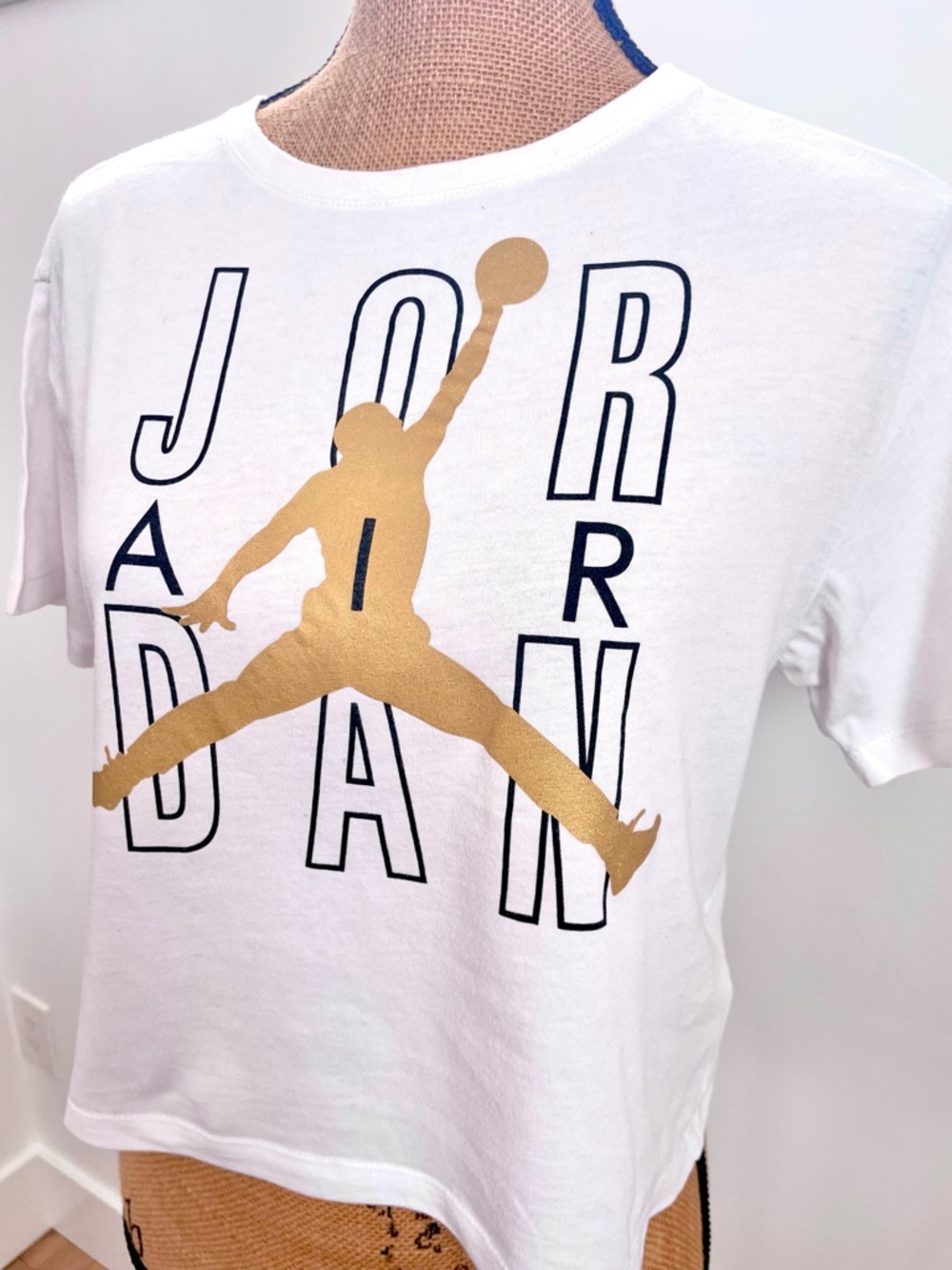 Air Jordan Tee, Gold Jordan Flight Jumpman Motif, Short Sleeves, Slight Crop